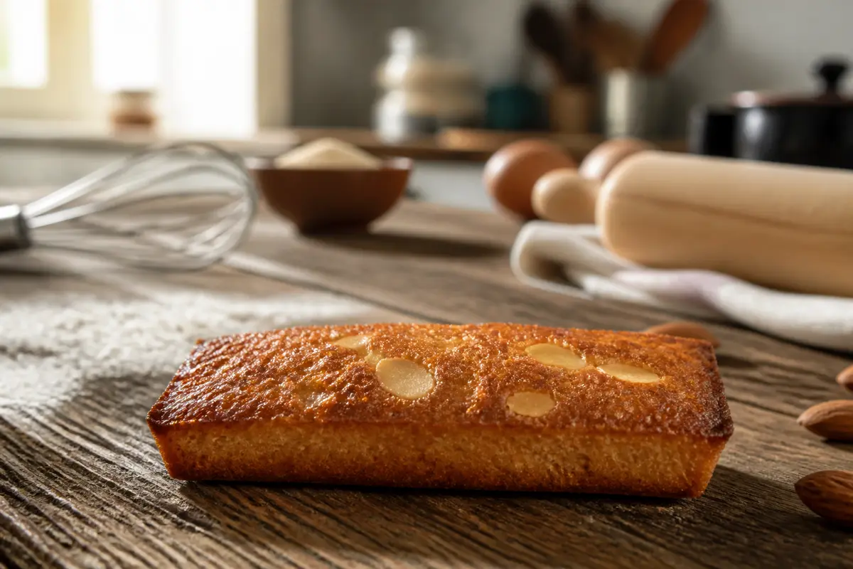 Biscuit financier doré sur table en bois, ingrédients de pâtisserie en arrière-plan flou
