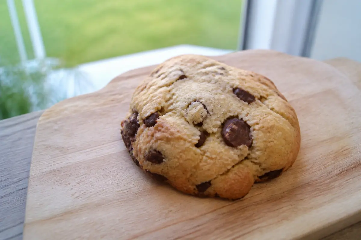 Gros biscuit aux pépites de chocolat sur planche en bois près d'une fenêtre