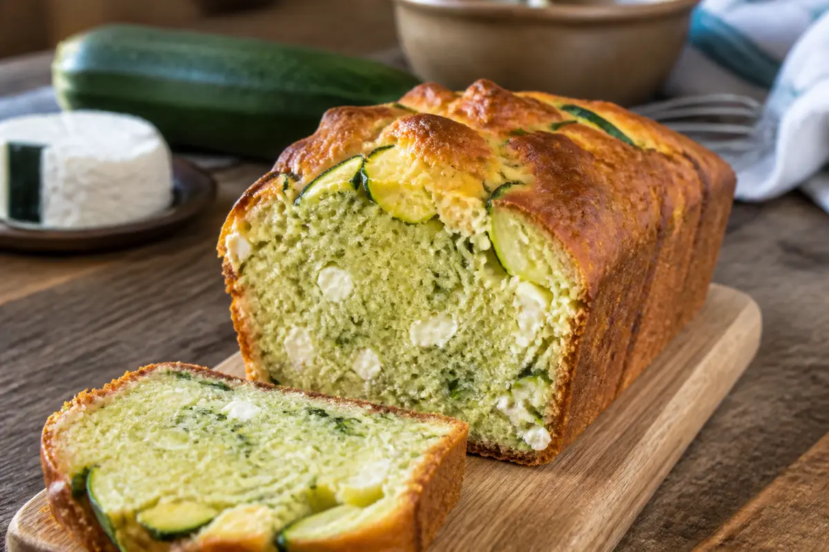 Cake salé courgette et chèvre, recette de Sophie présentée sur une planche bois rustique