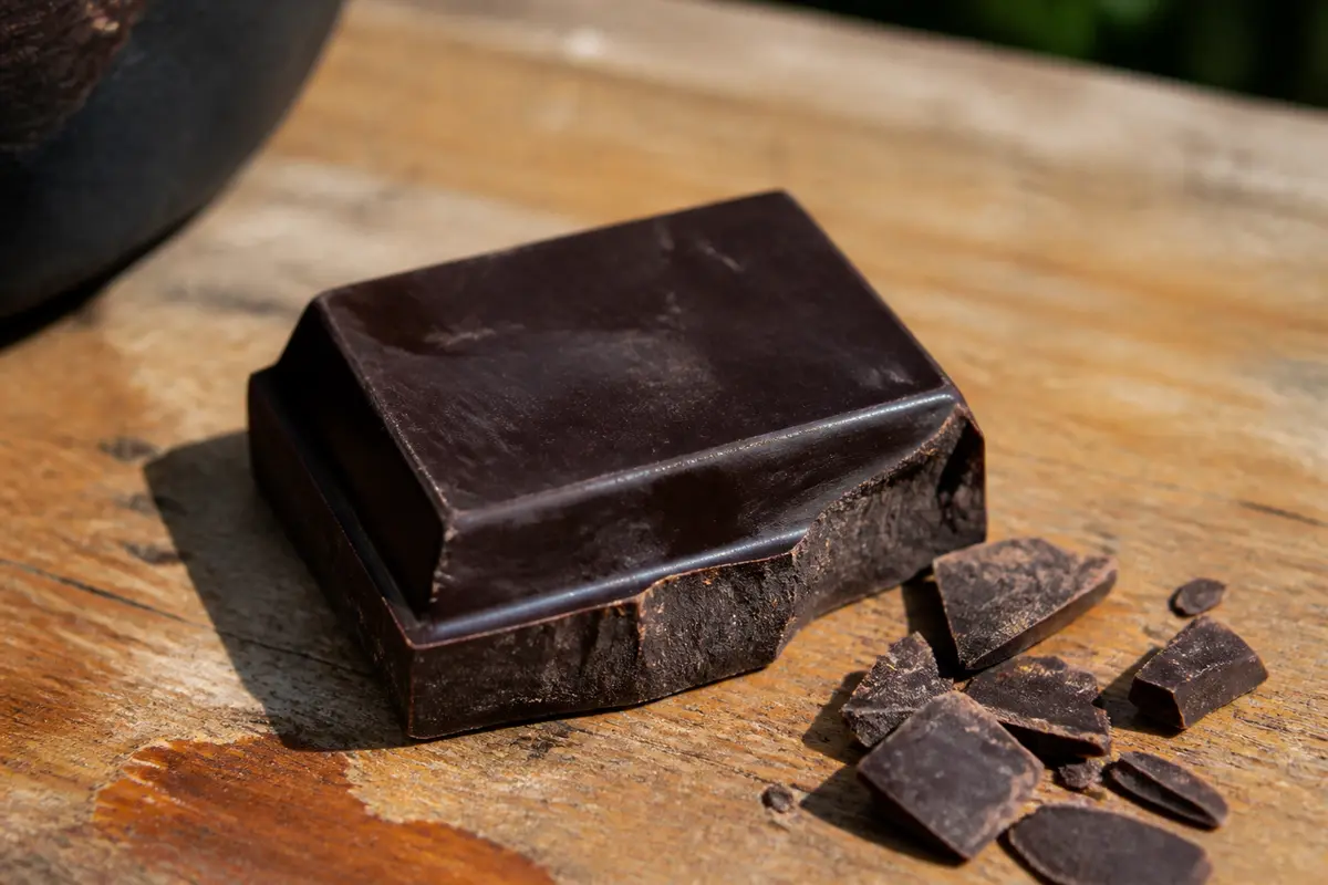 Tablette de chocolat noir 100 pour cent cassée sur bois clair