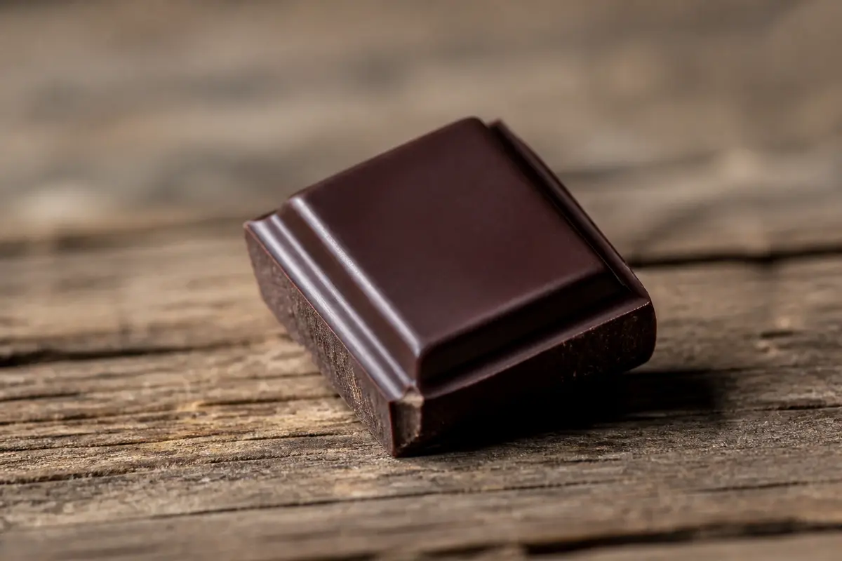 Carré de chocolat noir sans métaux lourds sur planche en bois rustique