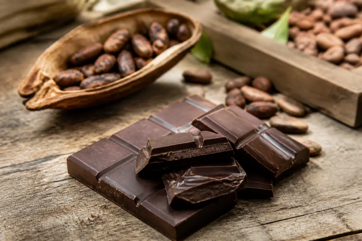 Tablette et fèves de chocolat sans cadmium sur une table en bois rustique