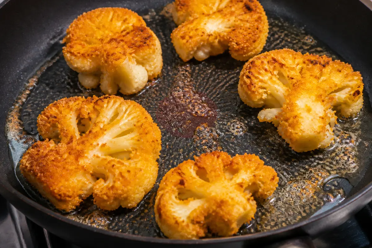 Cinq morceaux de chou-fleur pané à la poêle dans une poêle chaude.