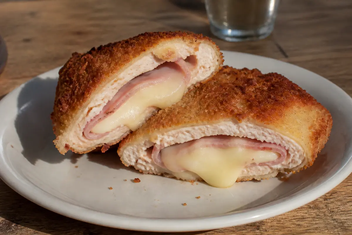 Cordon bleu cuit dans une friteuse à air, fromage fondant et jambon visibles