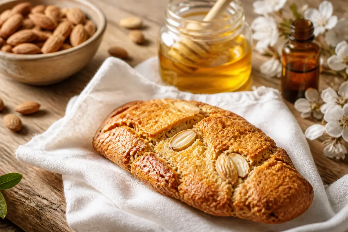 Croquant aux amandes recette provençale d'origine avec miel et fleurs sur nappe blanche
