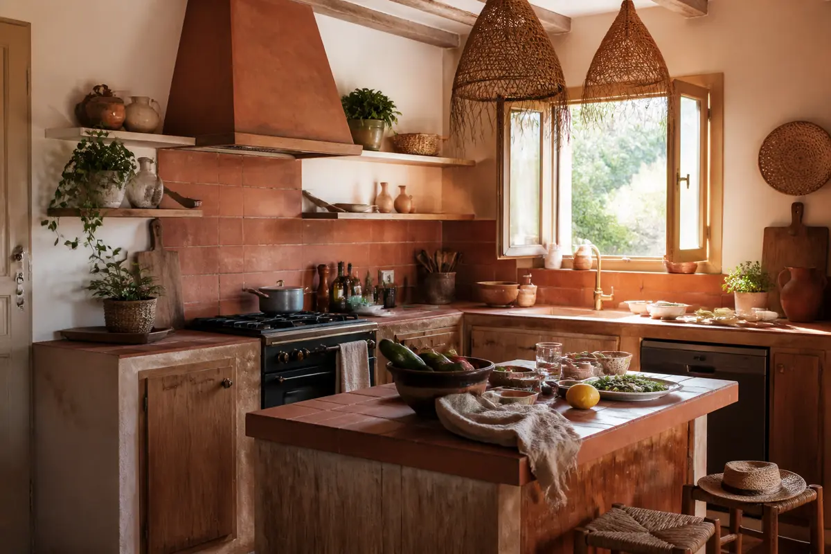 Cuisine en terre cuite avec touches rustiques et fenêtres ensoleillées, ambiance chaleureuse et naturelle