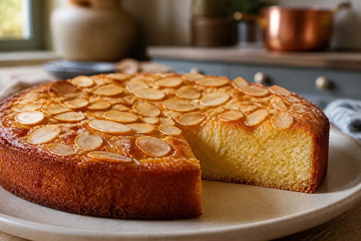 Gâteau à l'amande ultra fondant avec amandes effilées sur une assiette en céramique.