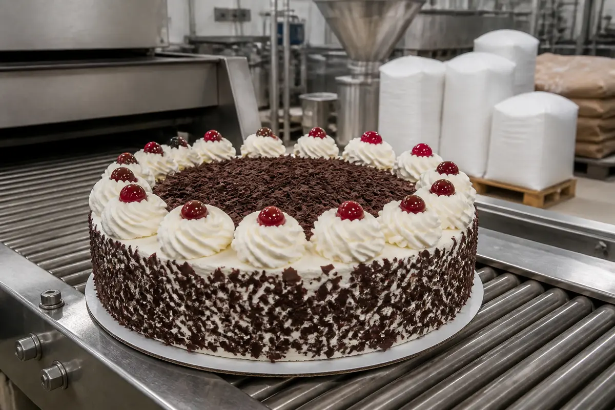Gâteau industriel en production sur un tapis roulant dans une usine de fabrication alimentaire