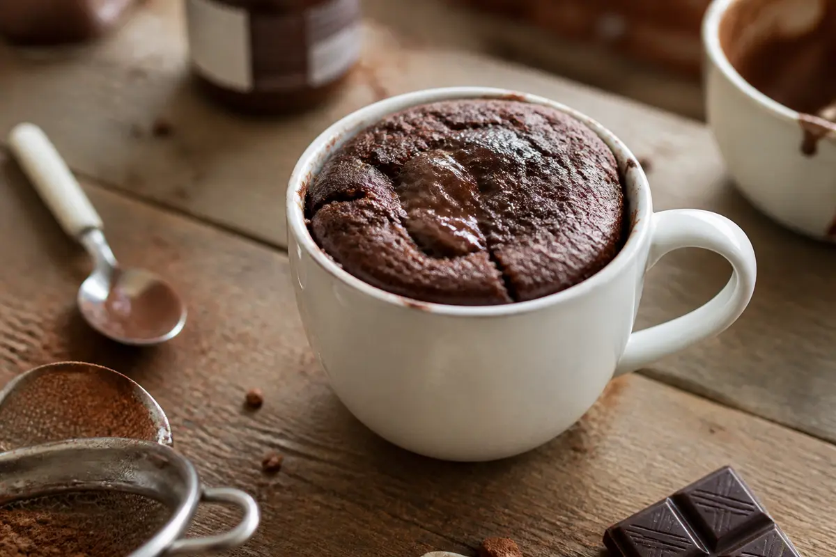 Mug cake au chocolat en poudre avec ustensiles de cuisine sur une table en bois