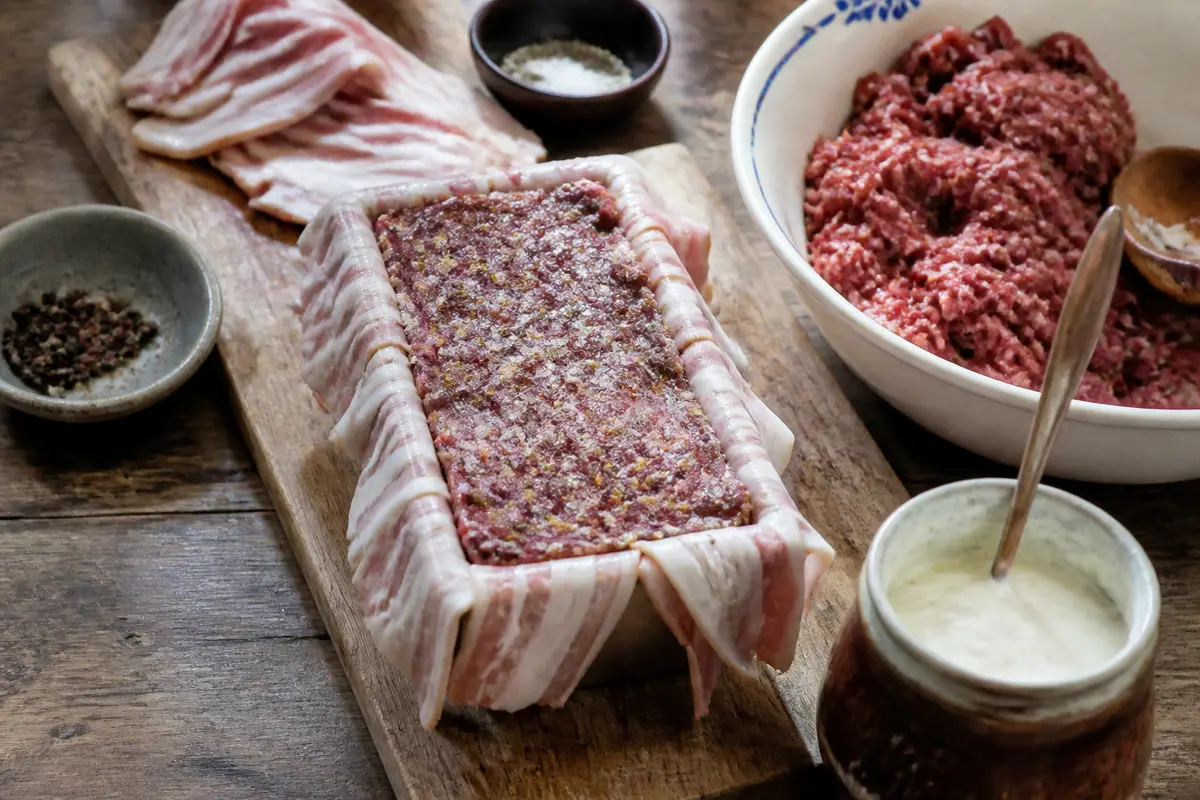 Préparation de pâté de sanglier recette avec lard et assaisonnements sur planche en bois