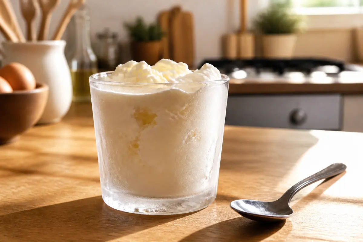 Verre de crème fraîche glacée sur table de cuisine peut-on la congeler chez soi
