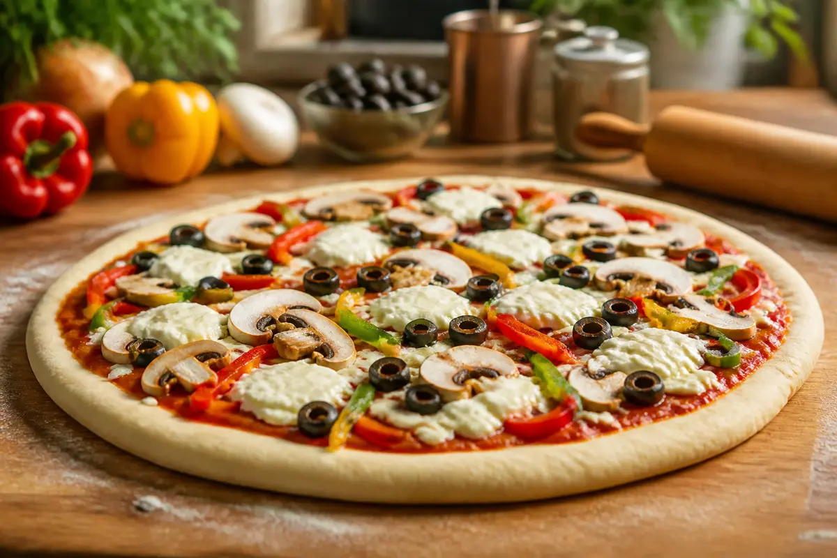 Grande pizza familiale garnie de légumes, champignons, olives et fromage sur une planche bois