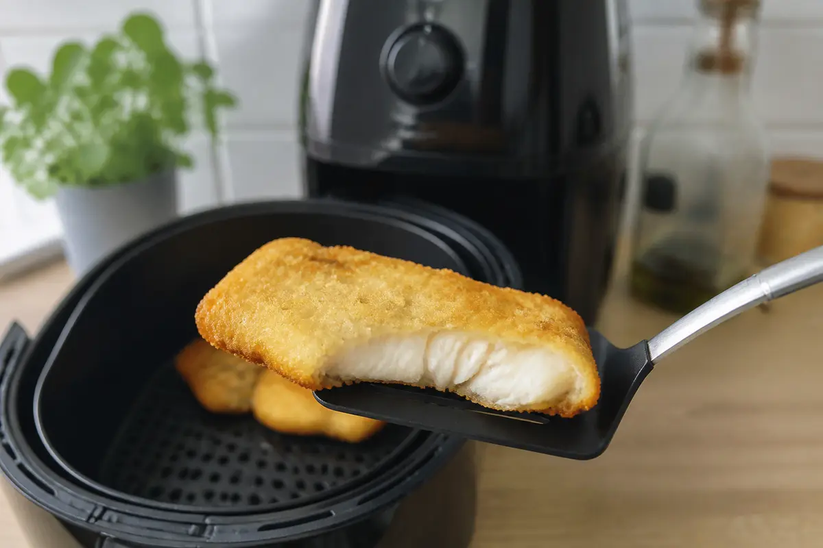 Poisson pané surgelé cuit à l'air fryer présenté sur une spatule