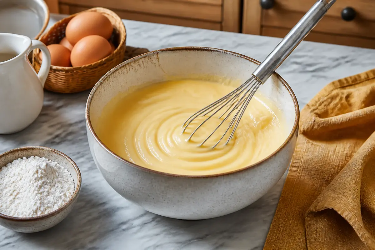 Bol de crème pâtissière avec fouet, poudre à flan, œufs et lait sur table