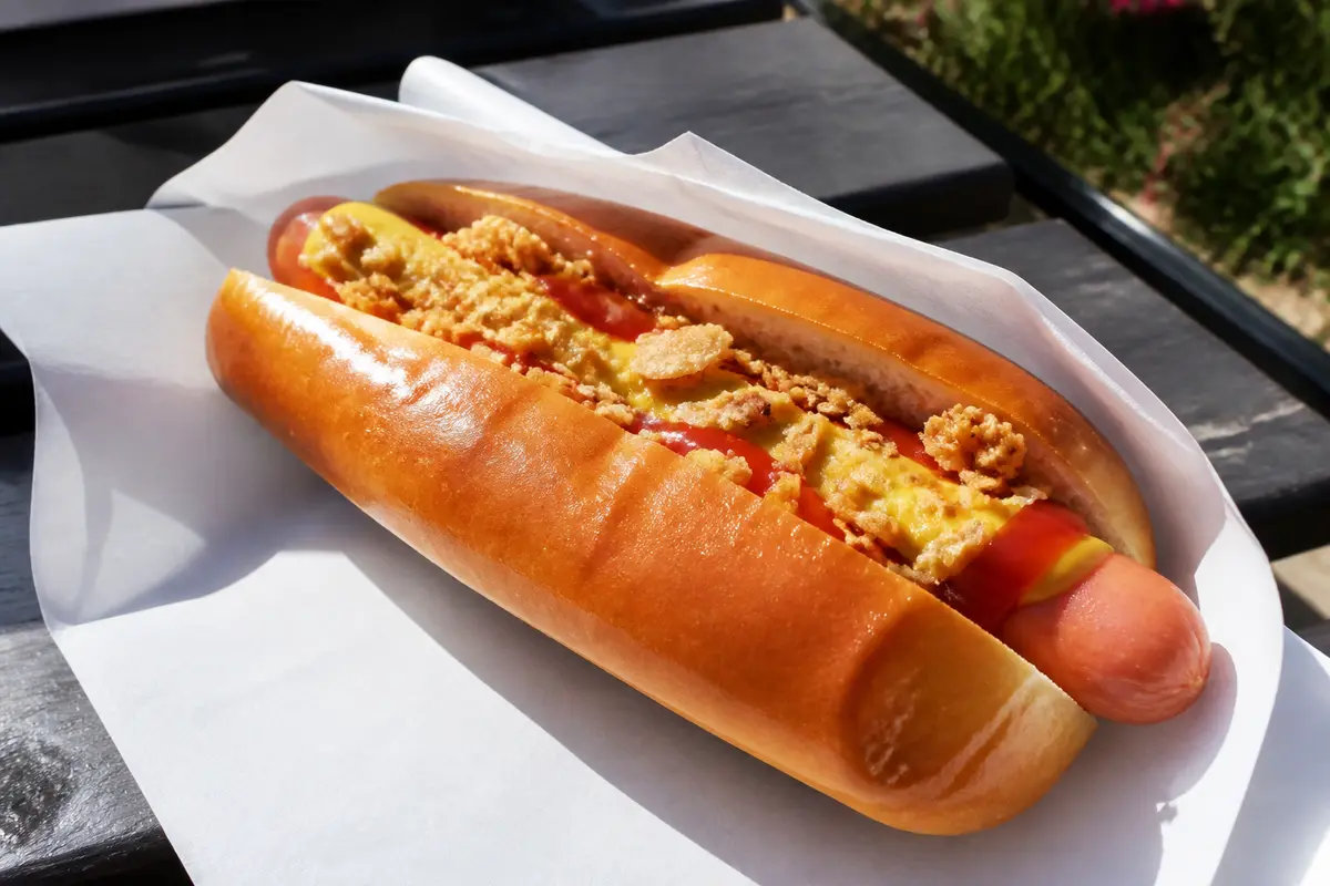 Hot dog garni de moutarde et oignons frits, illustrant une recette de hot dog maison