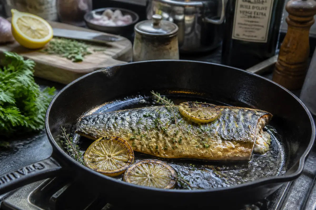 Maquereau grillé à la poêle avec citron et herbes, idéale pour une recette maquereau.