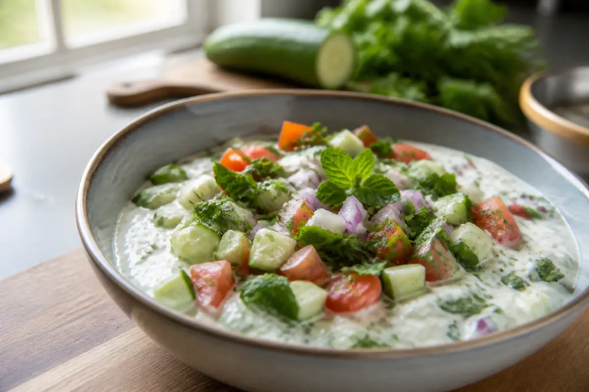 Bol de salade composée pour recette raita, garnie de menthe fraîche et légumes coupés
