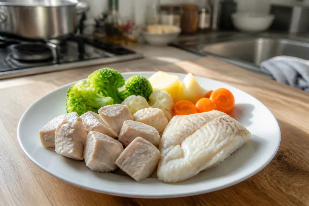 Assiette de légumes et poissons pour une recette strictement sans graisse pour vésicule.