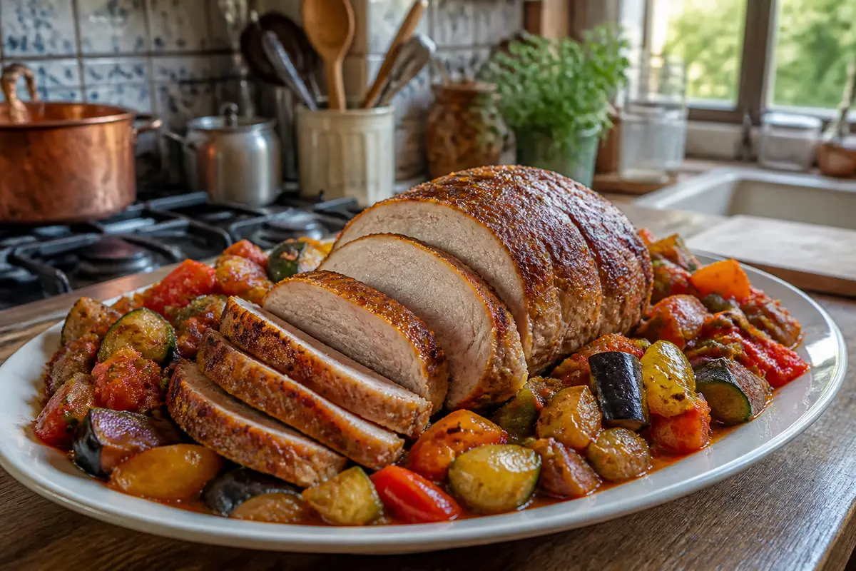Rôti de porc tranché avec accompagnement de légumes colorés dans une cuisine rustique