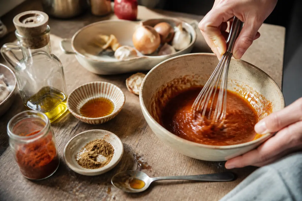 Préparation maison de sauce tex mex avec fouet, épices et huile sur table.