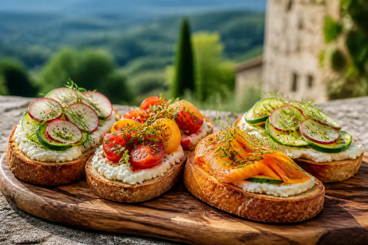 Tartines apéro variées avec légumes frais et fromage crémeux sur planche en bois
