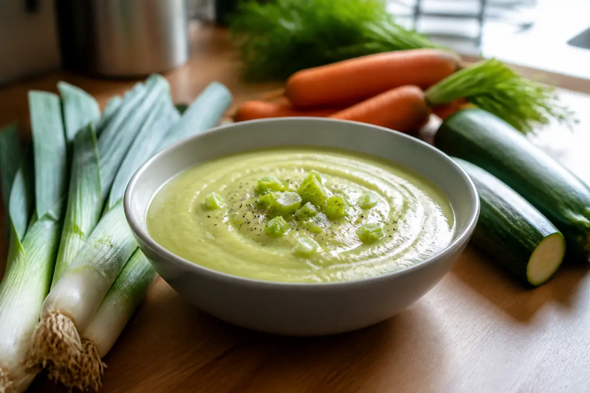 Bol de velouté de poireaux sans pomme de terre entouré de légumes frais