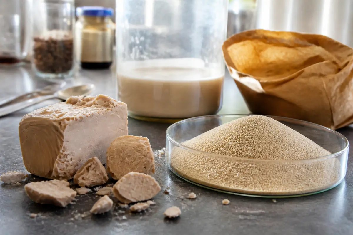 Levure fraîche et sèche sur table de cuisine en France pour recettes avec levure.