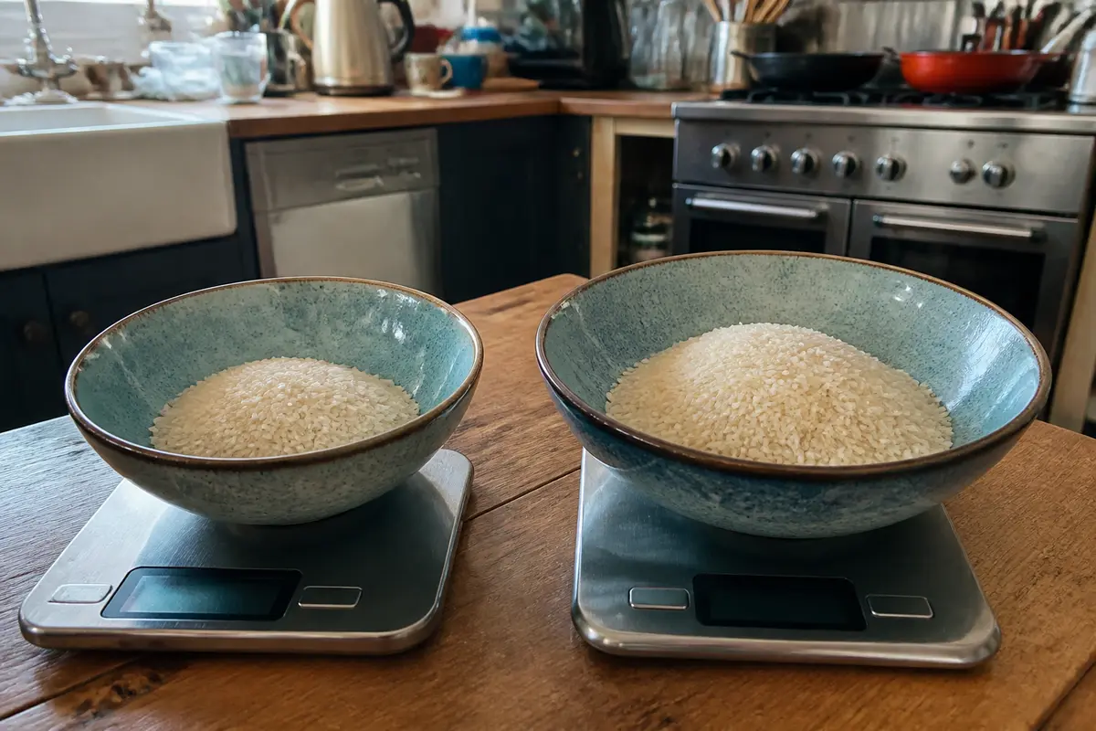 Deux bols de riz pesant la portion de riz par personne sur balances électroniques