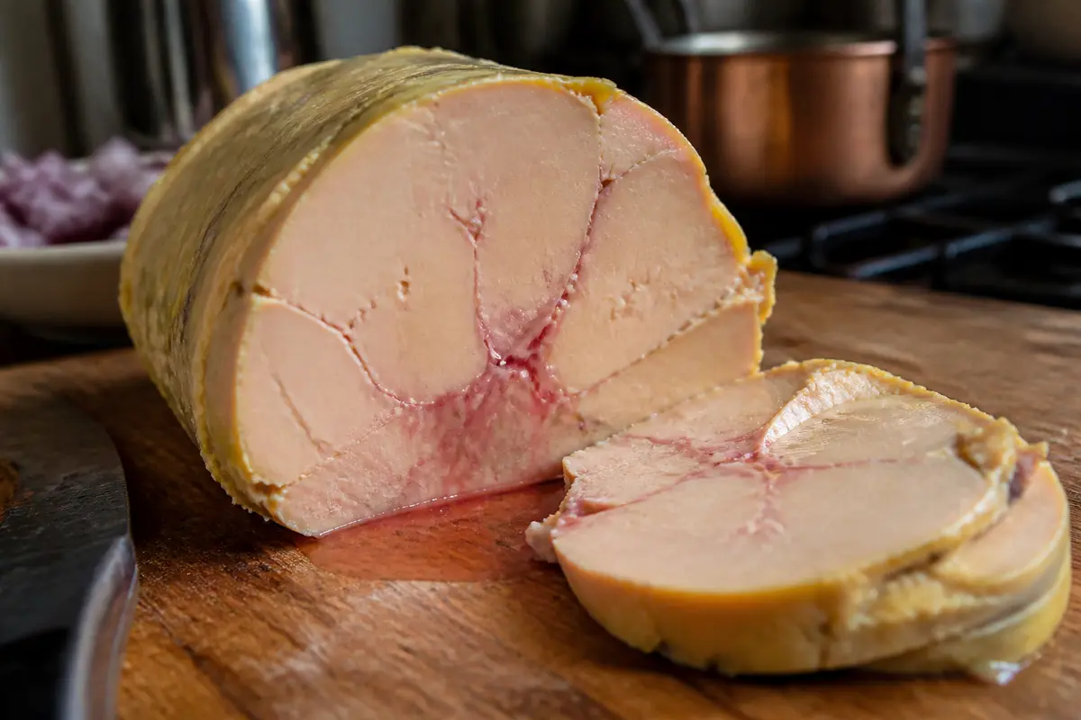 Bloc de foie gras tranché montrant un foie gras pas assez cuit sur planche