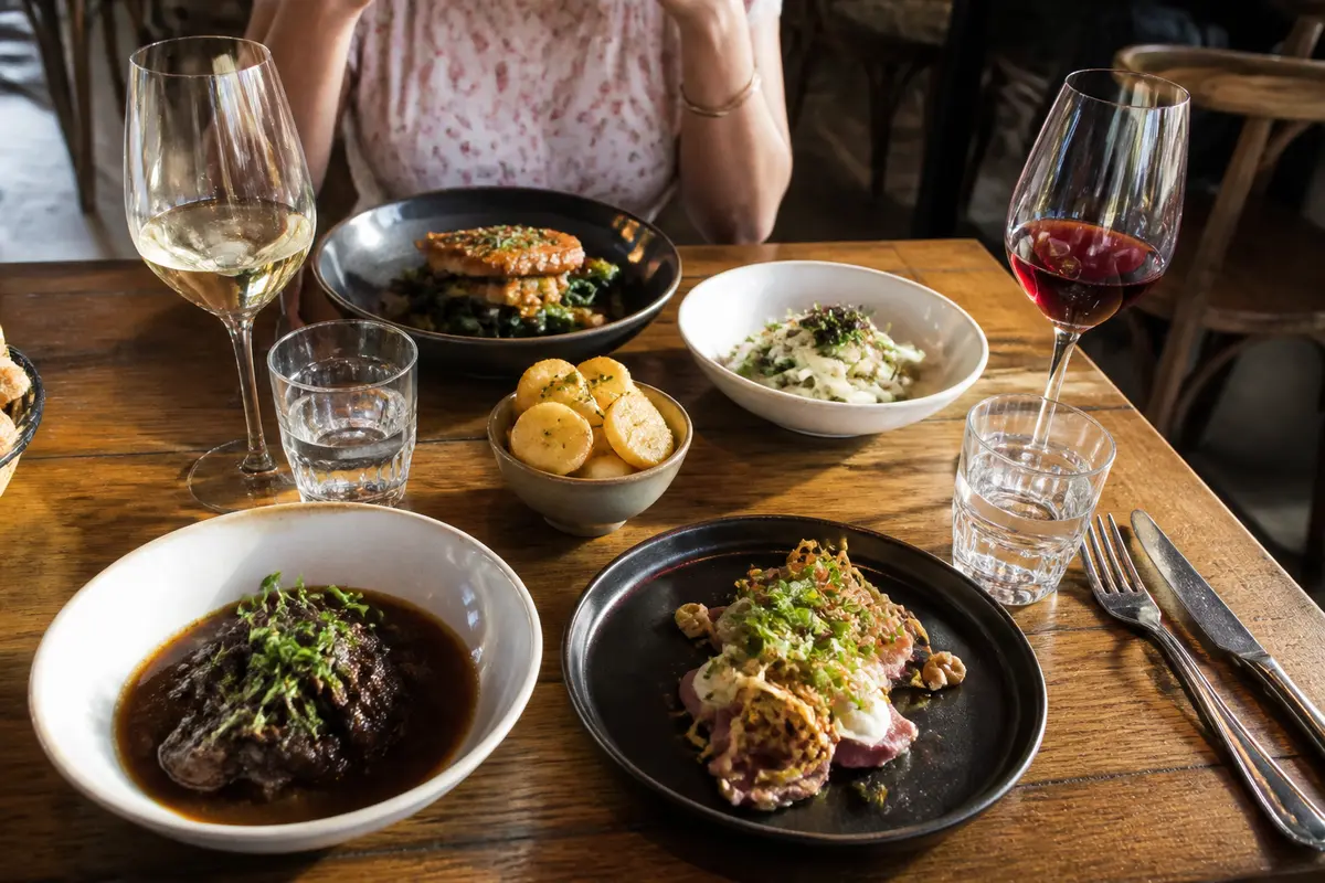 Assiette gastronomique élégante avec les-finesgueules.fr recette, accompagnée de vin blanc et rouge