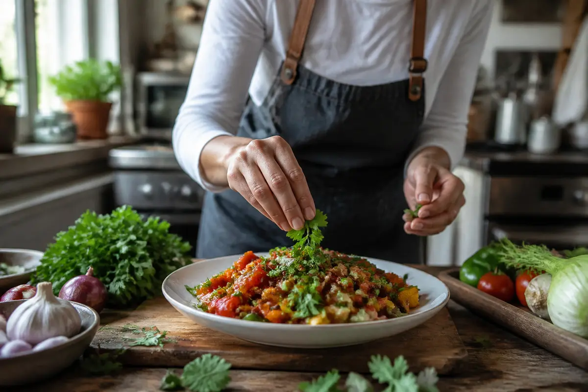 Personne ajoutant des herbes fraîches à une salade colorée sur maviehealthy.com healthy recette.
