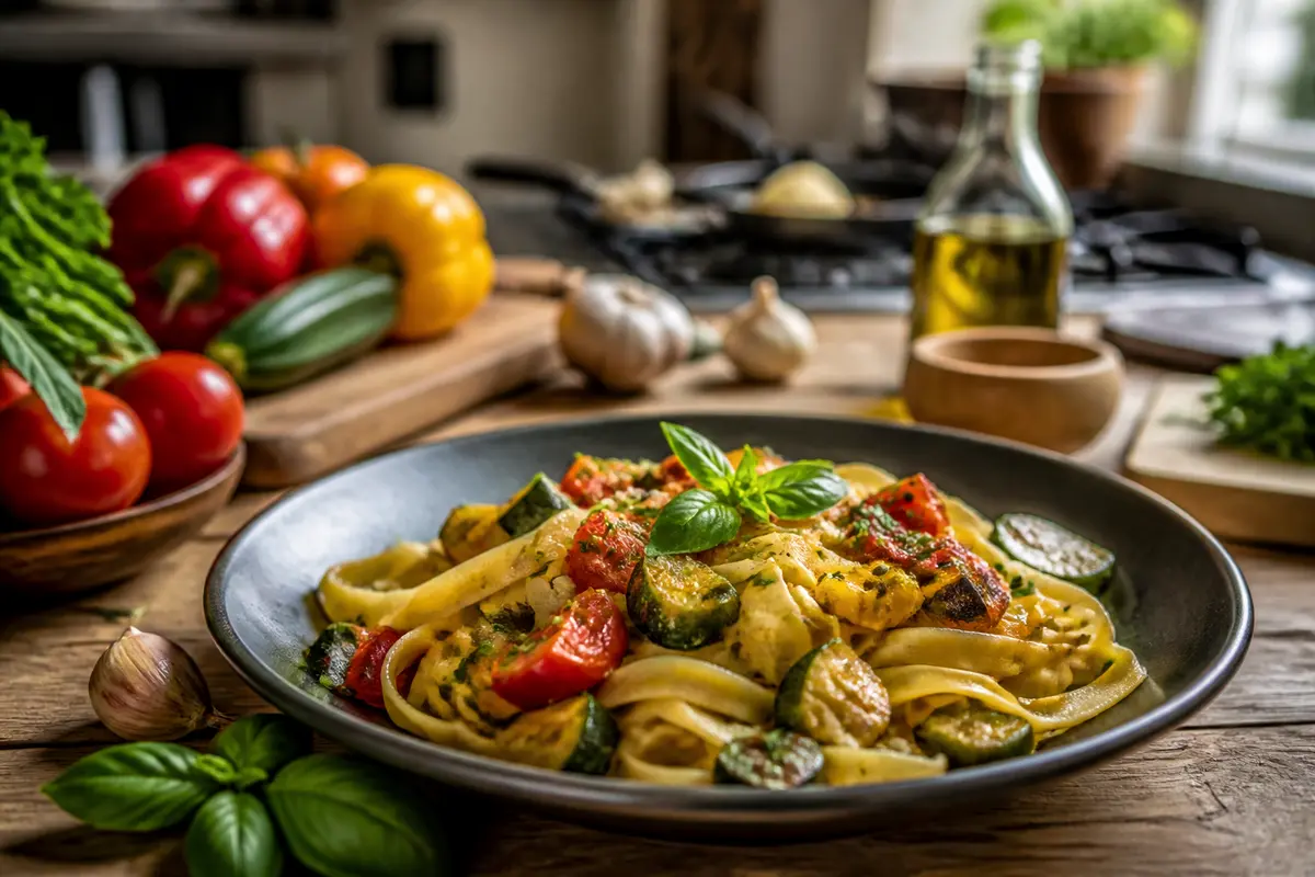 Assiette de pâtes aux légumes frais sur maviehealthy.com avec tomates et courgettes grillées