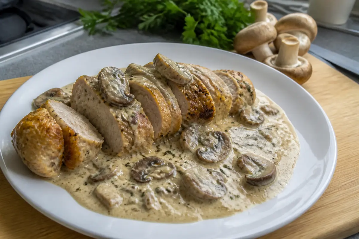 Plat de filet mignon au Boursin et champignons crémeux, recette délicieuse à savourer