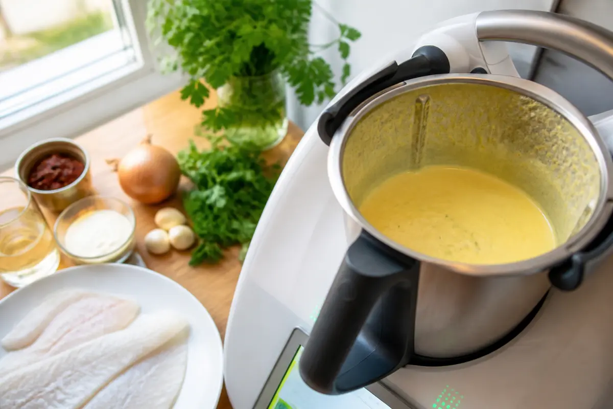 Préparation rapide de la sauce au poisson Thermomix avec ingrédients frais sur le plan de travail